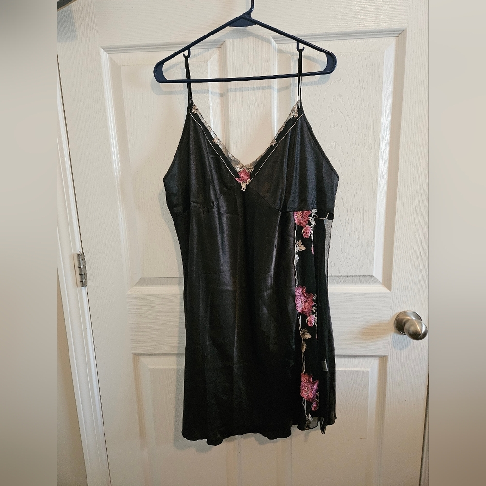 SHEIN Black Chemise with Red Floral Embroidery